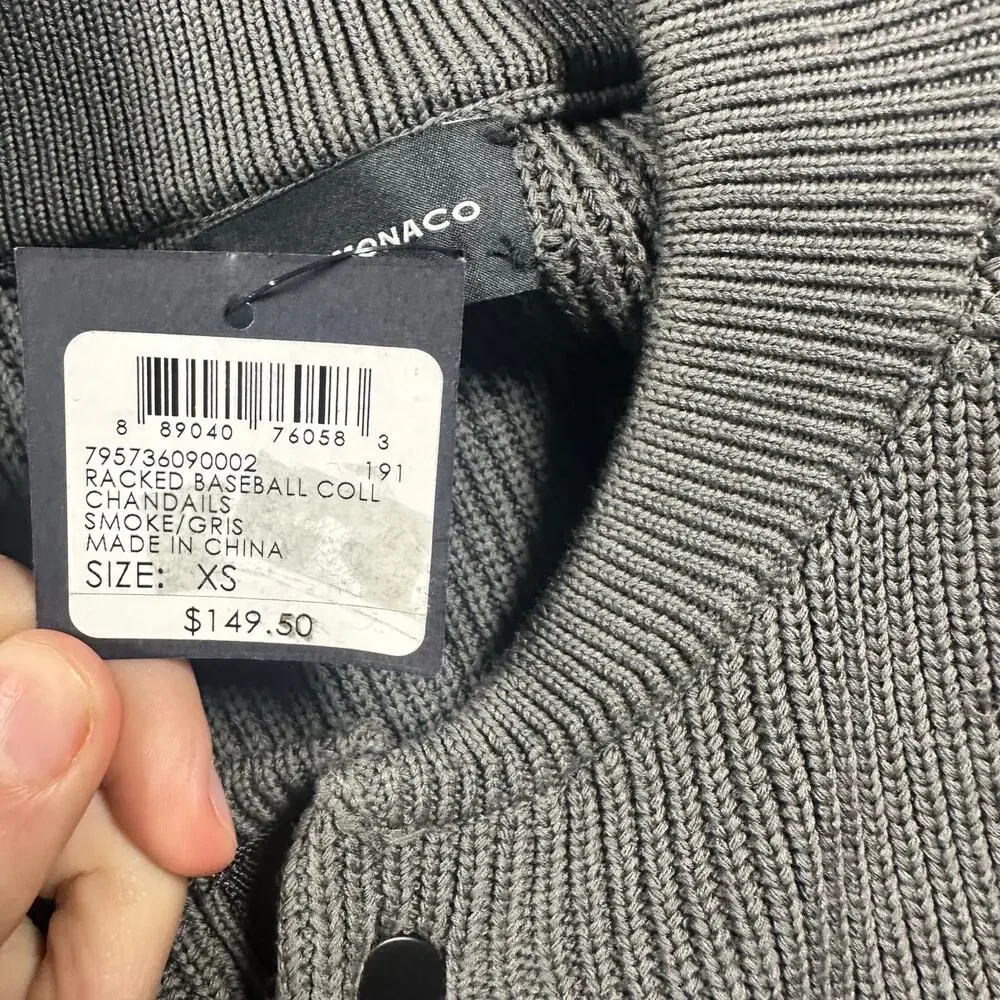 Club Monaco Ribbed Baseball Collar Sweater XS Grey Green